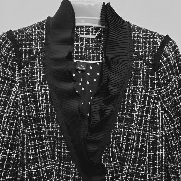 White House Black Market Black & White Tweed Blazer with Silky Ruffle Trim - Picture 3 of 13